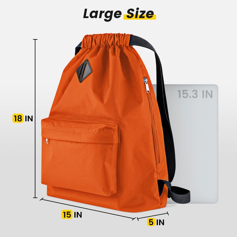 Vorspack Drawstring Backpack Water Resistant String Bag Sports Gym Sack with Side Pocket for Men Women - Orange - Image 2